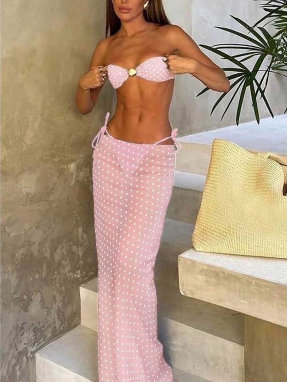 3 piece beach bikini skirt coverup set pink polka dot swim shell mermaid medium